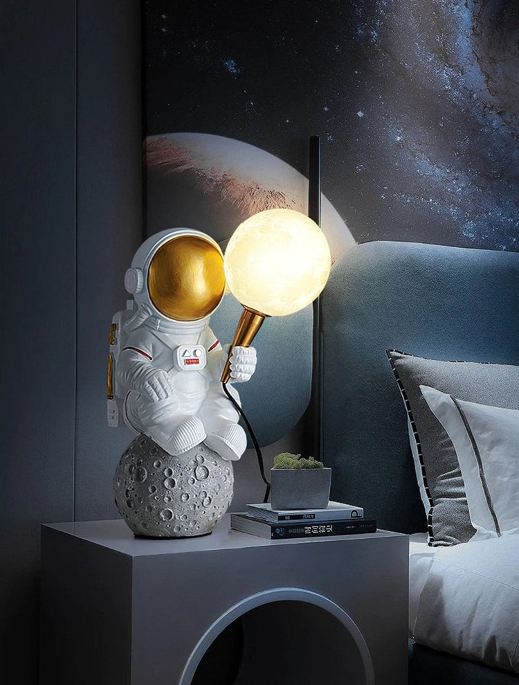 Astronaut Figure Holding the Moon Desk Lamp - My Own Cosmos