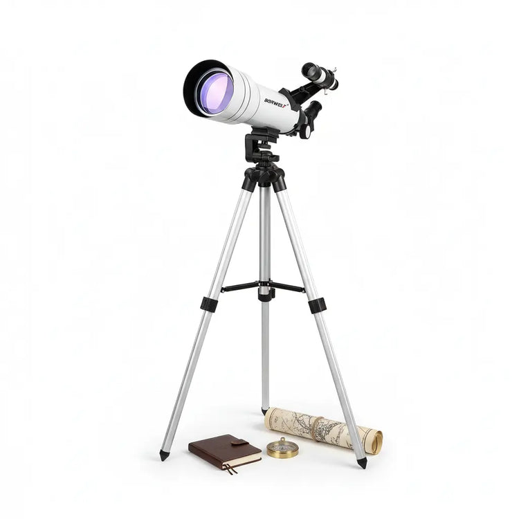 Telescope with Extended Tripod on White Background